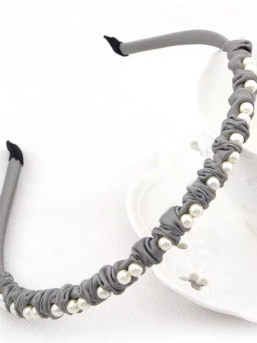 Vintage Gray Knotted Headband with Pearl Beading - Women Accessories